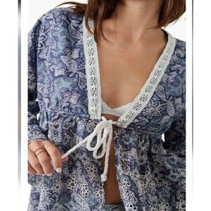 Free People Anissa Blue White Eyelet Tie Front Tunic Boho Chic Bed Jacket Small